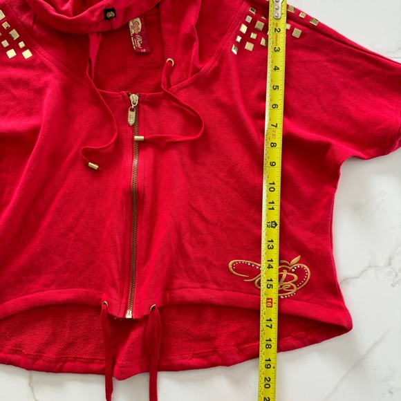 Apple Bottom Red Cropped Hoodie Embroidered Logo Gold Studded Zip Sweatshirt - Picture 12 of 13